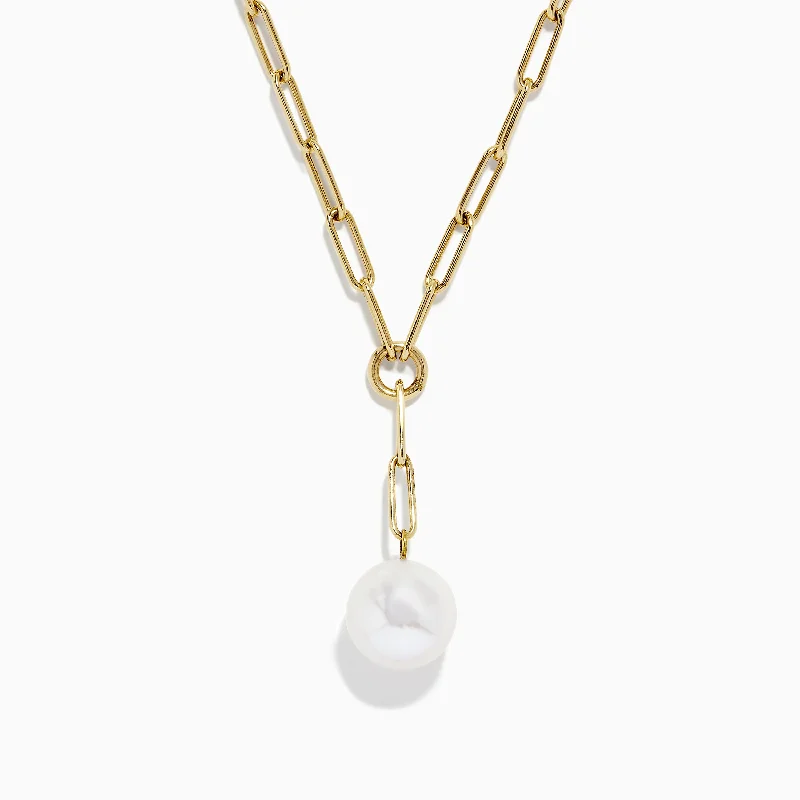 Chain Rings with a Pave - Set Diamond - Look CZ Border14K Gold Cultured Fresh Water Pearl Paperclip Chain Necklace