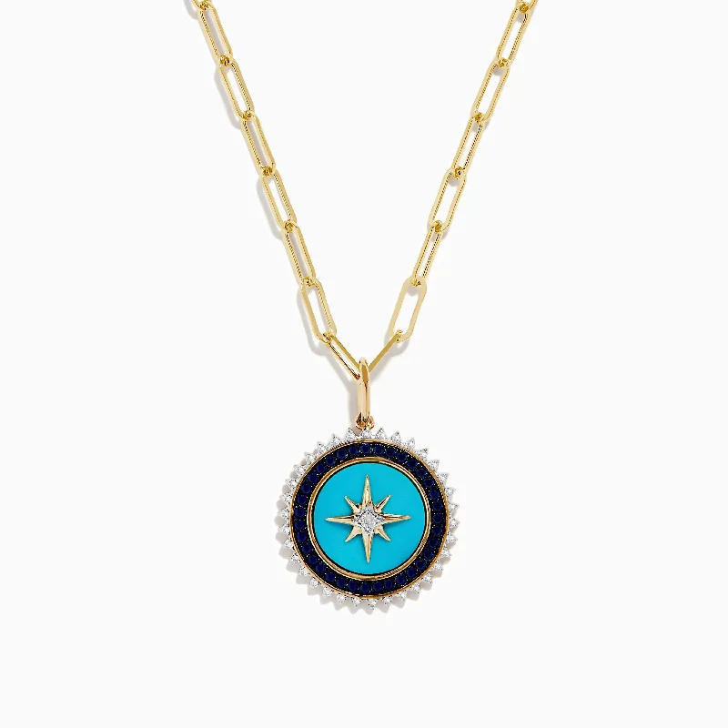 Ring - and - Necklace - Convertible Chain Rings for VersatilityNovelty 14K Gold Sapphire, Turquoise & Diamond Compass Paperclip chain necklace