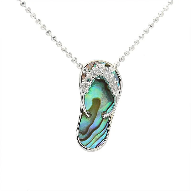 Boho-style beaded necklaces for summerSterling Silver CZ Strap Abalone Shell Slipper Pendant (Chain Sold Separately)