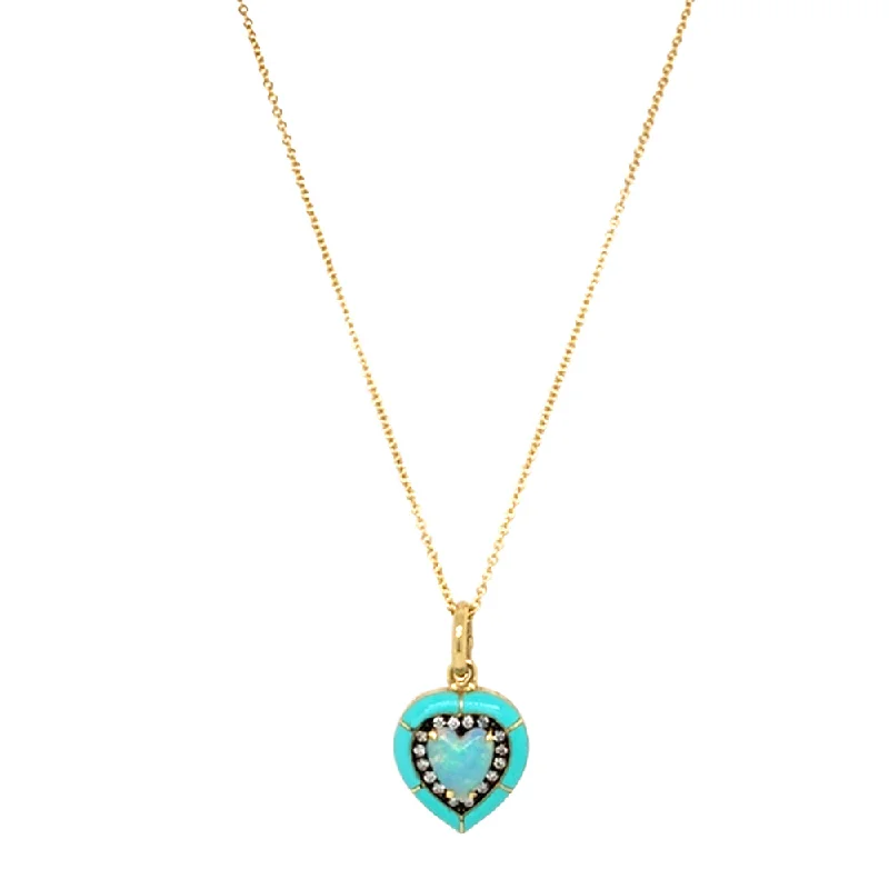 Long chain necklaces for layeringHeart-Shaped Opal, Diamond, & Enamel Necklace - "Turquoise Embrace"