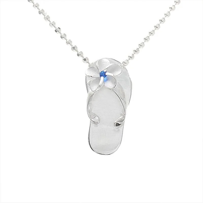 Minimalist geometric pendants for everyday wearSterling Silver Plumeria with Dark Blue CZ Plain Slipper Pendant (Chain Sold Separately)