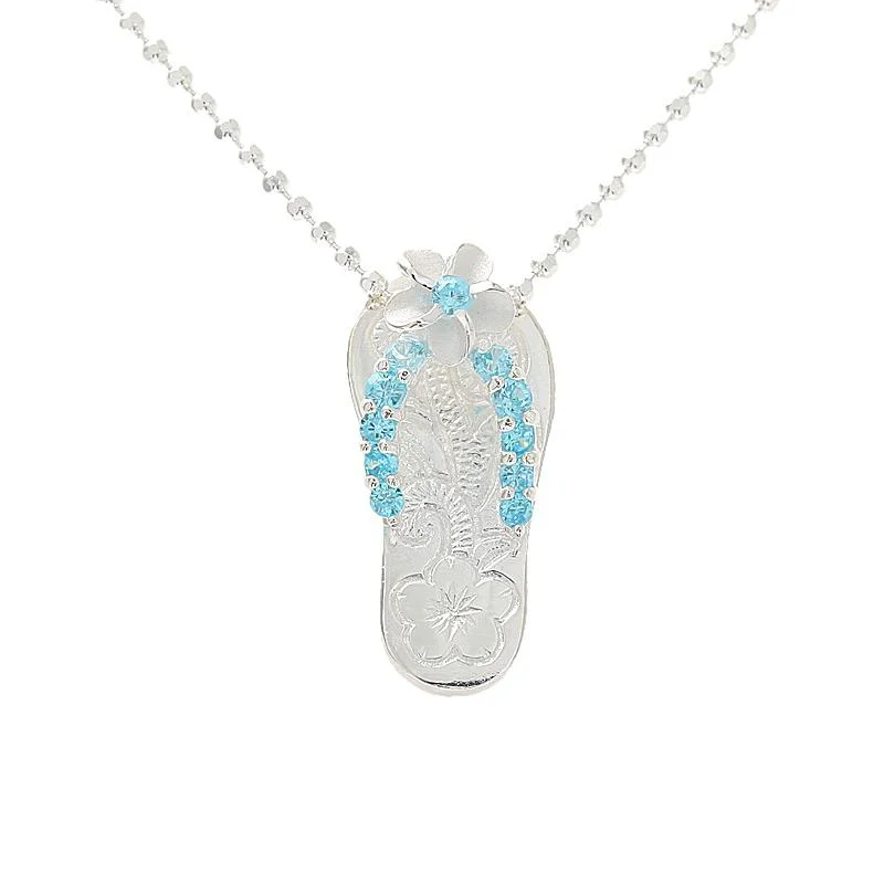 Boho-style beaded necklaces for summerSterling Silver Plumeria with Blue CZ Strap Hawaiian Scroll Slipper Pendant (Chain Sold Separately)