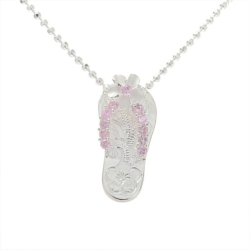 Boho-style beaded necklaces for summerSterling Silver Plumeria with Pink CZ Strap Hawaiian Scroll Slipper Pendant (Chain Sold Separately)