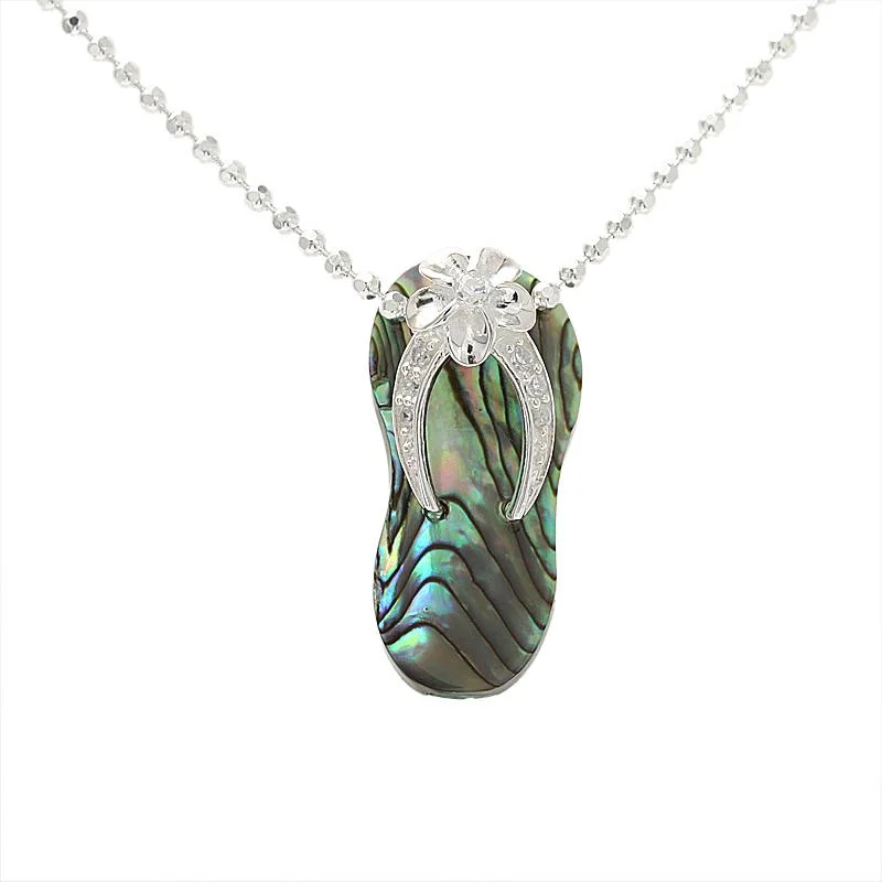 Birth flower pendants for unique styleSterling Silver Plumeria with CZ Strap Abalone Shell Slipper Pendant (Chain Sold Separately)