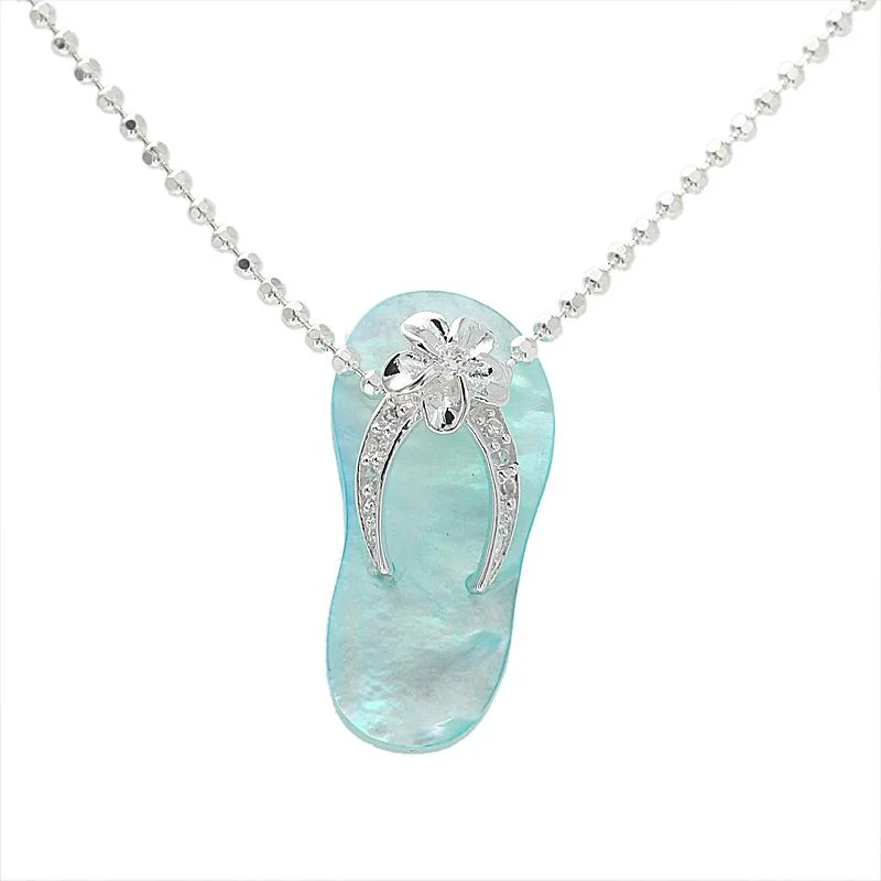 Tree of life pendants for spiritual giftsSterling Silver Plumeria with CZ Strap Blue Shell Slipper Pendant (Chain Sold Separately)