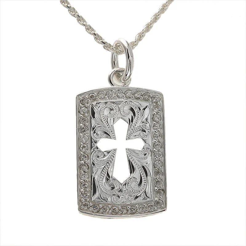 Custom fingerprint pendants for sentimental giftsSterling Silver Hawaiian Scroll Outline of Cross with CZ Plate Pendant (Chain Sold Separately)