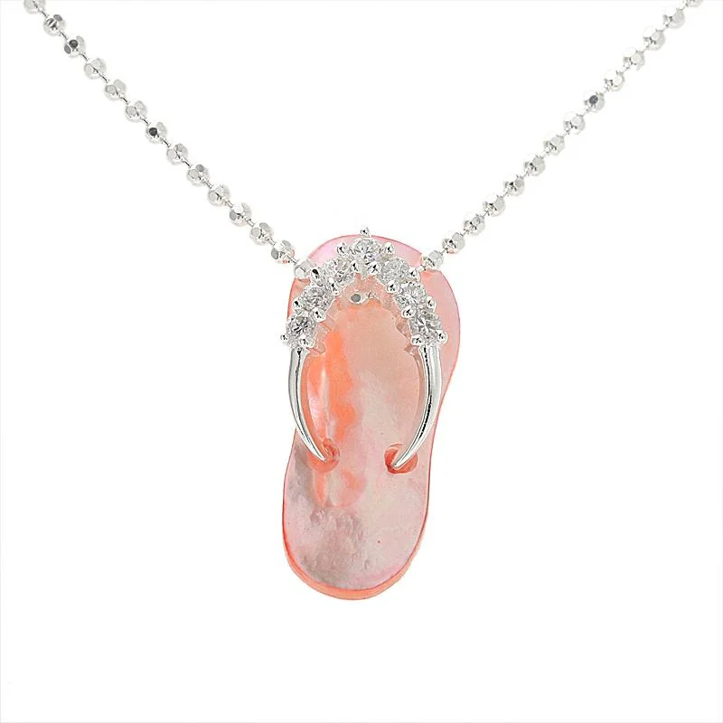 Adjustable length necklaces for versatilitySterling Silver CZ Strap Pink Shell Slipper Pendant (Chain Sold Separately)