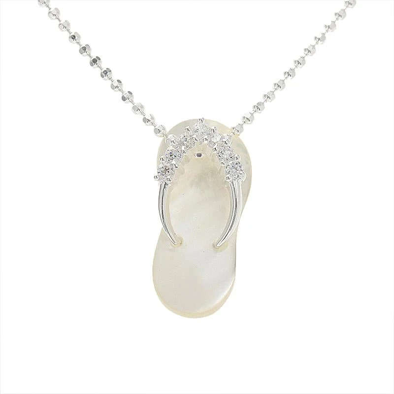 Delicate pearl necklaces for formal eventsSterling Silver CZ Strap White Shell Slipper Pendant (Chain Sold Separately)