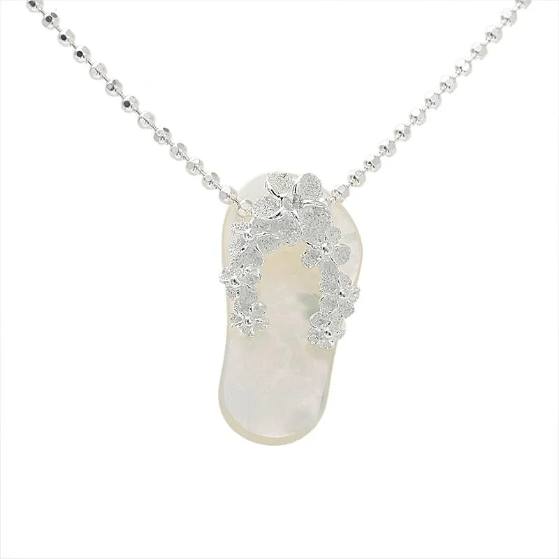 Birthstone necklaces for momsSterling Silver Plumeria with CZ Strap White Shell Slipper Pendant (Chain Sold Separately)