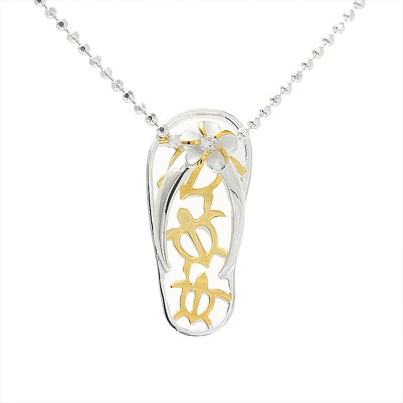 Celtic knot pendants for cultural heritageSterling Silver Two Tone Yellow Gold Plated Plumeria with CZ and 3 Honu (Hawaiian Turtle) Slipper Pendant (Chain Sold Separately)