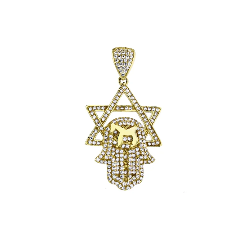 Pearl - Embellished Floral Pendant for a Feminine and Romantic LookYellow Gold CZ Micropave Hamsa with Star David Pendant (14K)