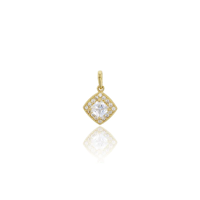 Rhinestone - Encrusted Crown Pendant for Little Girls' Dress - UpYellow Gold Milgrain Micropave CZ Pendant (14K)