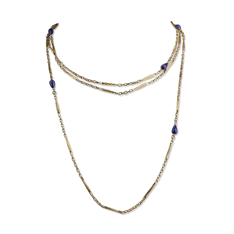 Thin Chain Rings with a Delicate Floral EmbroideryFrench 18K Gold and Lapis Lazuli Longchain Necklace