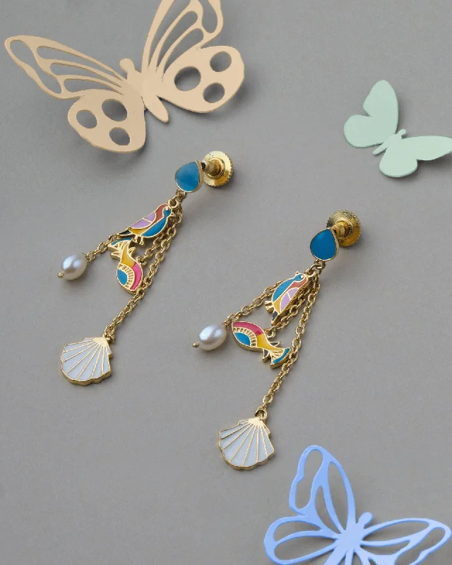 Animal - print drop earrings for a bold and trendy statementViha Fish & Bird Enamel Drop Pearl Earring