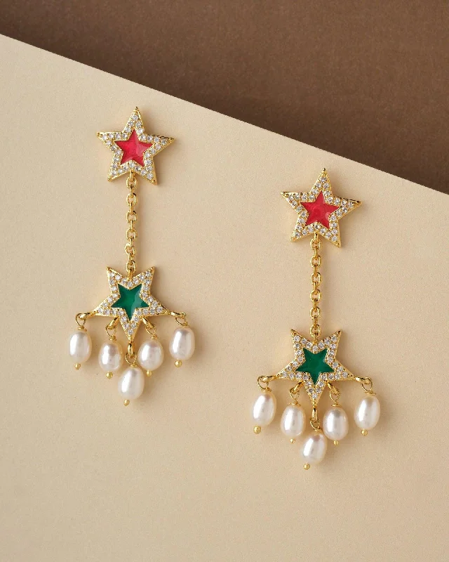 Magnetic - closure drop earrings for easy wearingStar Dual Hang Pearl Earring